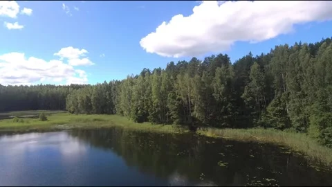 Fpv drone flight over blue lakes in a green forest over water Stock Footage 208610358