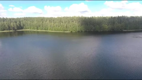 Fpv drone flight over blue lakes in a green forest over water Stock Footage 208611202