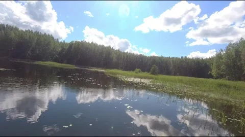 Fpv drone flight over blue lakes in a green forest over water Stock Footage 208611373