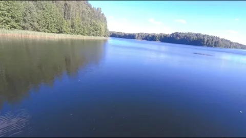 Fpv drone flight over blue lakes in a green forest over water Stock Footage 208612445
