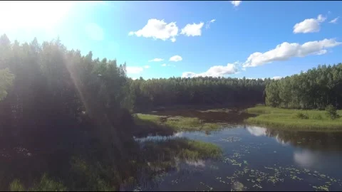 Fpv drone flight over blue lakes in a green forest over water Stock Footage 208612932