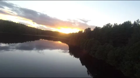 Fpv drone flight over blue lakes in a green forest over water Stock Footage 208613572