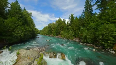 FPV drone flight over the fast moving river with rapids, close to the water. Stock Footage 273031613