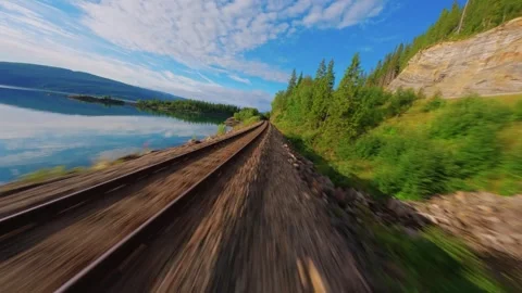 FPV Drone Flight Over Railway by Lake in Norway – Scenic Aerial Nature Shot Stock Footage 305801458