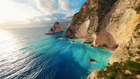 FPV Drone Flight Over the Sea at Sunset Near Zakynthos Stock Footage 305805243
