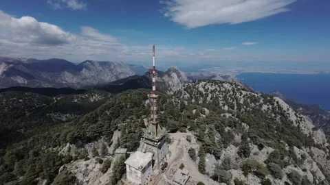 FPV Drone Flight Over Tower with Panoramic City and Mountain View Stock Footage 309036887