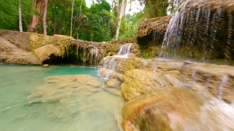 FPV drone flight over a tropical river in Laos. Stockbeeldmateriaal 248376671