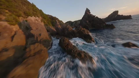 FPV Drone Flight Over Umikongo Coast at Sunrise, Wakayama Japan Video stock 331728861
