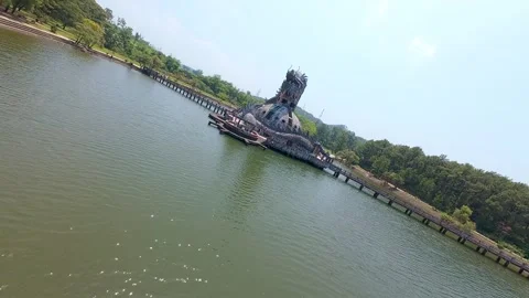 FPV Drone Flight Through Abandoned Dragon Structure in Hue Water Park, Vietnam Stock Footage 331427824