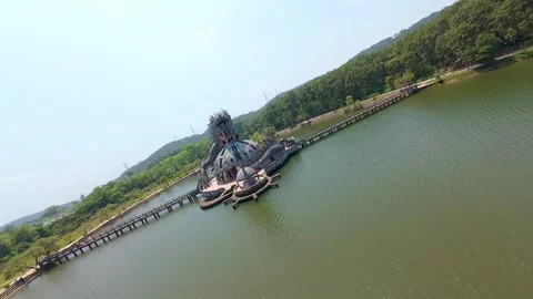 FPV Drone Flight Through Abandoned Dragon Structure in Hue Water Park, Vietnam Stock Footage 331427834
