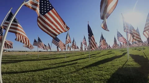 FPV Drone Flight Through American Flag Display - Low Angle Stock Footage 332033598