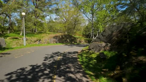 FPV Drone Flying Along Winding Park Road in Keillers Park Gothenburg Sweden 스톡 동영상 332598287