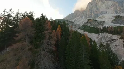 FPV drone flying close to the treetops. Dolomite Mountains, Italy. Video stock 342837109