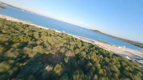 FPV drone flying at high speed over a green coastline with a white sand beach Stock Footage