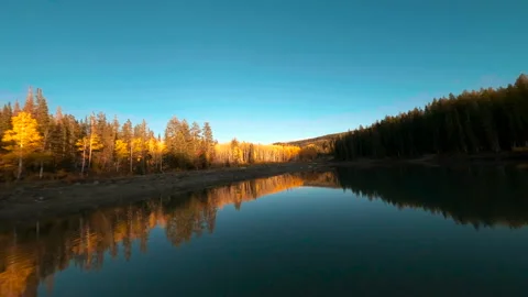 FPV drone flying low over a reflective lake and then rising over fall foliage Stock Footage 162320692