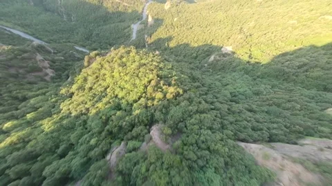 FPV drone flying over trees during sunset. Beautiful landscape with mountains in Stock Footage 215168900