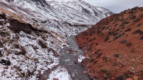 FPV drone gliding above the Mendoza River canyon near Puente del Inca, Andes Stock Footage 341552083