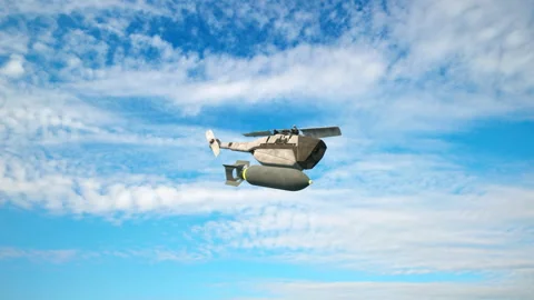 An FPV drone with a large explosive payload scanning for an enemy target below. Stock Footage 277699133