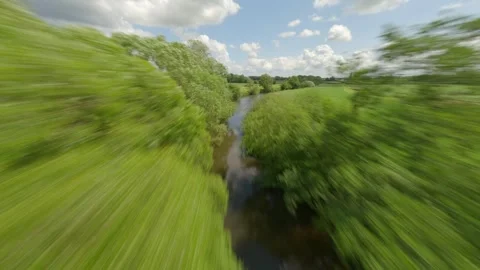 FPV drone passes through tree branches over river to reveal maize maze Stock Footage 244587892