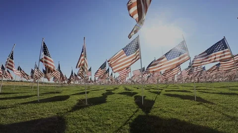 FPV Drone Proximity Flight Under US Flags - Sun Flare Patriotic Memorial Stock Footage 332027338