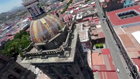 FPV Drone Pullaway Shot Revealing Puebla Cathedral and Historic Center Stock Footage 342540150
