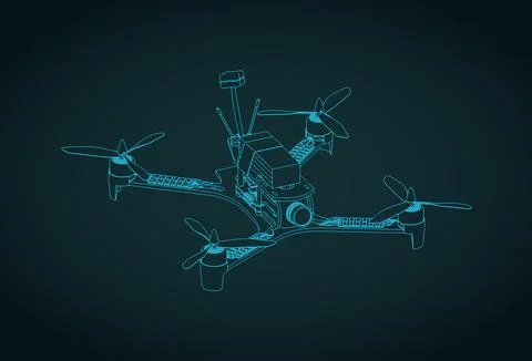 FPV drone quadcopter isometric blueprint illustration Stock Illustration