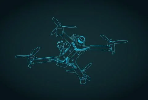 FPV drone quadcopter isometric blueprint Stock Illustration