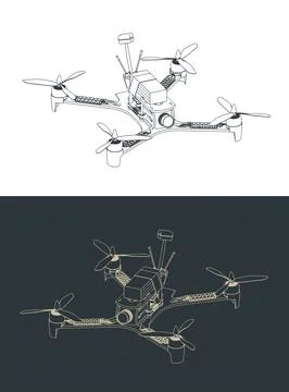 FPV drone quadcopter isometric technical drawing Stock Illustration