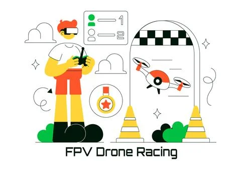 FPV Drone Racing Vector Illustration Featuring First Person View Drone Comp.. Stock Illustration