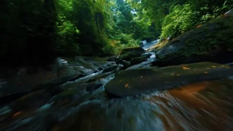 FPV Drone in the river and waterfall with motion blur Stock Footage 278119934