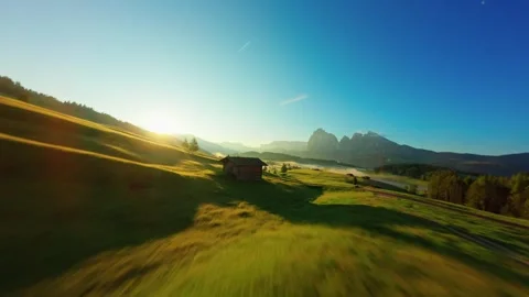 FPV Drone Shot Across Seiser Alm Plateau in the Dolomites Video stock 305800499