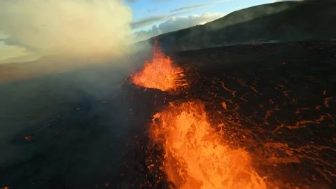 FPV drone shot through bubbling Lava, sunset at the Fagradalsfjall basin Stock Footage 214697054