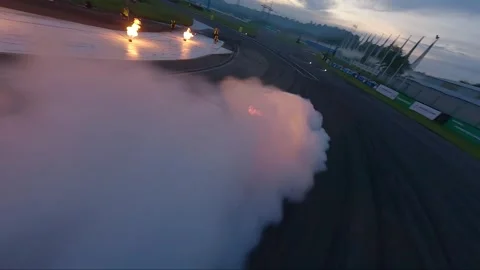 FPV Drone Tracks Night Drift Battle and Sudden Underbody Engine Fire Stock-Footage 336102618