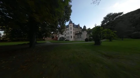 FPV drone video of flying around castle Namedy,Schloss Namedy, along the Rhine Stock Footage 290876725
