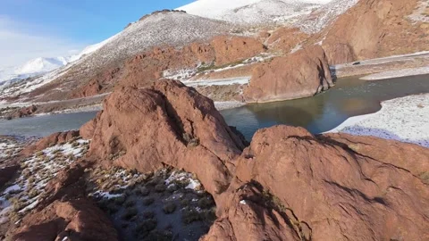 FPV Drone Video Flying Past Red Rocks at Paso Pehuenche in Winter Stock Footage 336776672