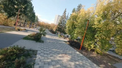 FPV drone view of the autumn park with people on swings Stock Footage 216933429