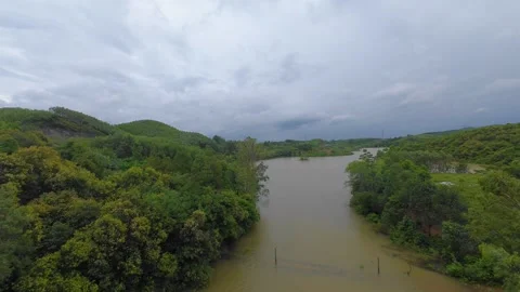 FPV drone view of a brown lake with small tree islands Stock Footage 313665193
