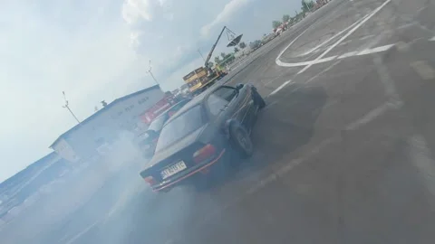 FPV drone view. Drift competitions. Pursuit of drift cars. Ukraine, Kyiv - 2 Stock Footage 144610846