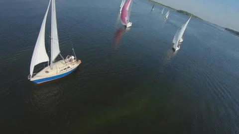 FPV drone view footage of regatta or sailing race at Dnipro river Video stock 144625477