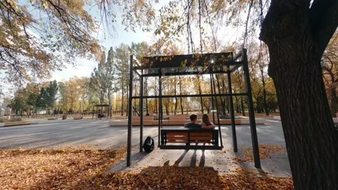 FPV drone view of A guy and a girl swing on a swing in the autumn park Stock Footage 216925848