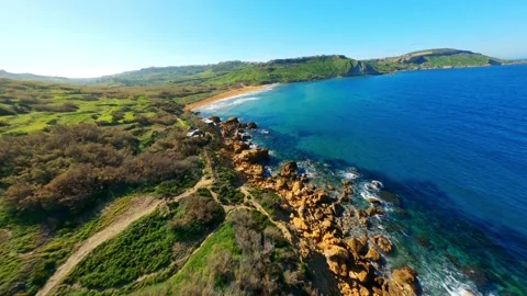 FPV drone view of Ramla bay on Gozo island, Maltese island Video stock 314669279