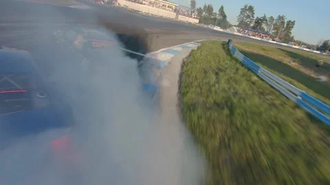 FPV drone view. Ukrainian drift championship. Close pursuit of drift cars Stock Footage 144610467