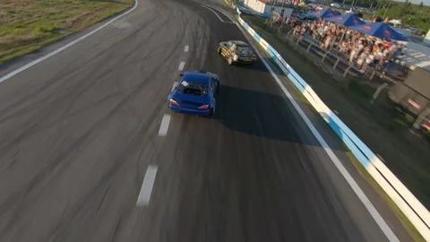 FPV drone view. Ukrainian drift championship. Close pursuit of drift cars Stock Footage 144610727
