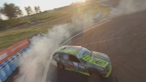 FPV drone view. Ukrainian drift championship. Close pursuit of drift cars Stock Footage 144610971