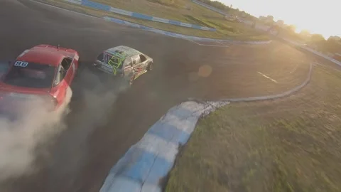 FPV drone view. Ukrainian drift championship. Close pursuit of drift cars Stockbeeldmateriaal 144610995