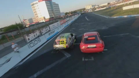 FPV drone view. Ukrainian drift championship. Close pursuit of drift cars Vídeos de archivo 144611055