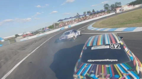 FPV drone view. Ukrainian drift championship. Close pursuit of drift cars Video stock 144611177