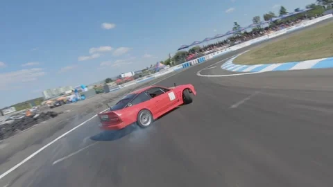 FPV drone view. Ukrainian drift championship. Close pursuit of drift cars Stock Footage 144611258