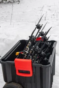 FPV drones packed inside a black utility crate in the snow Stock Photos