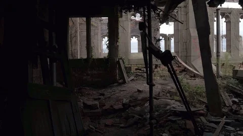 FPV: Exploring the interior of abandoned disintegrating City Methodist Church Stock Footage 76283862